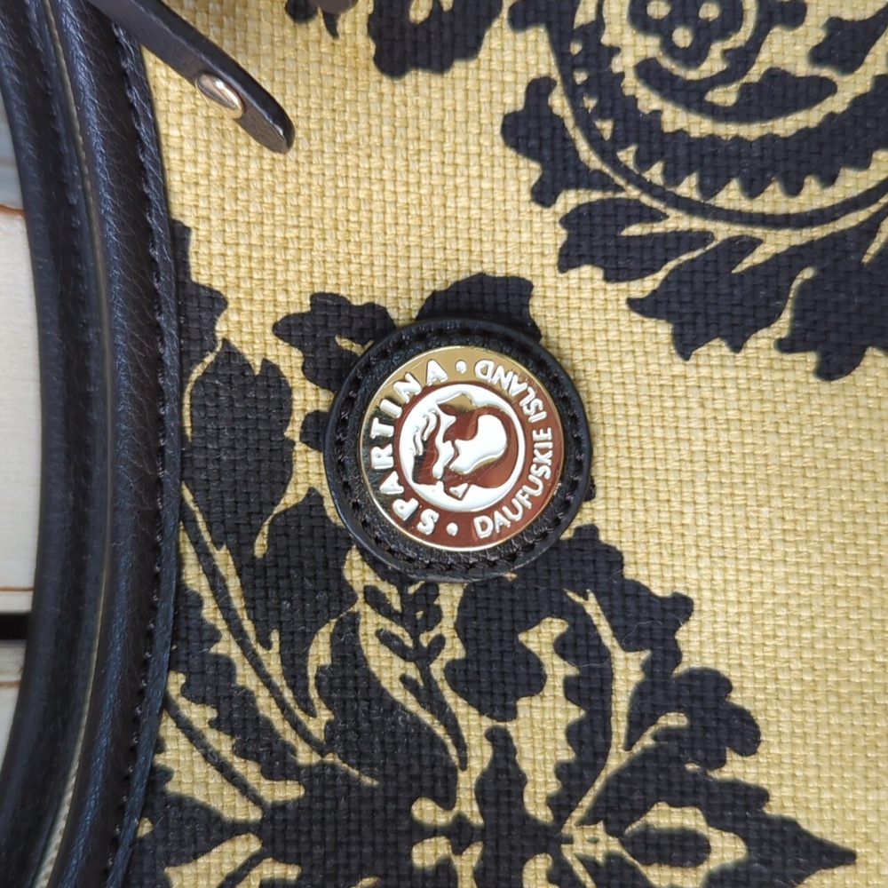 Spartina, Black and tan floral Paisley linen and leather shoulder bag. - Picture 2 of 13